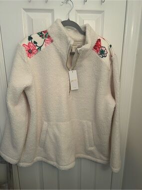 Lilly pulizter Cozy Ivory Sherpa Pullover with Floral Shoulder Accents
